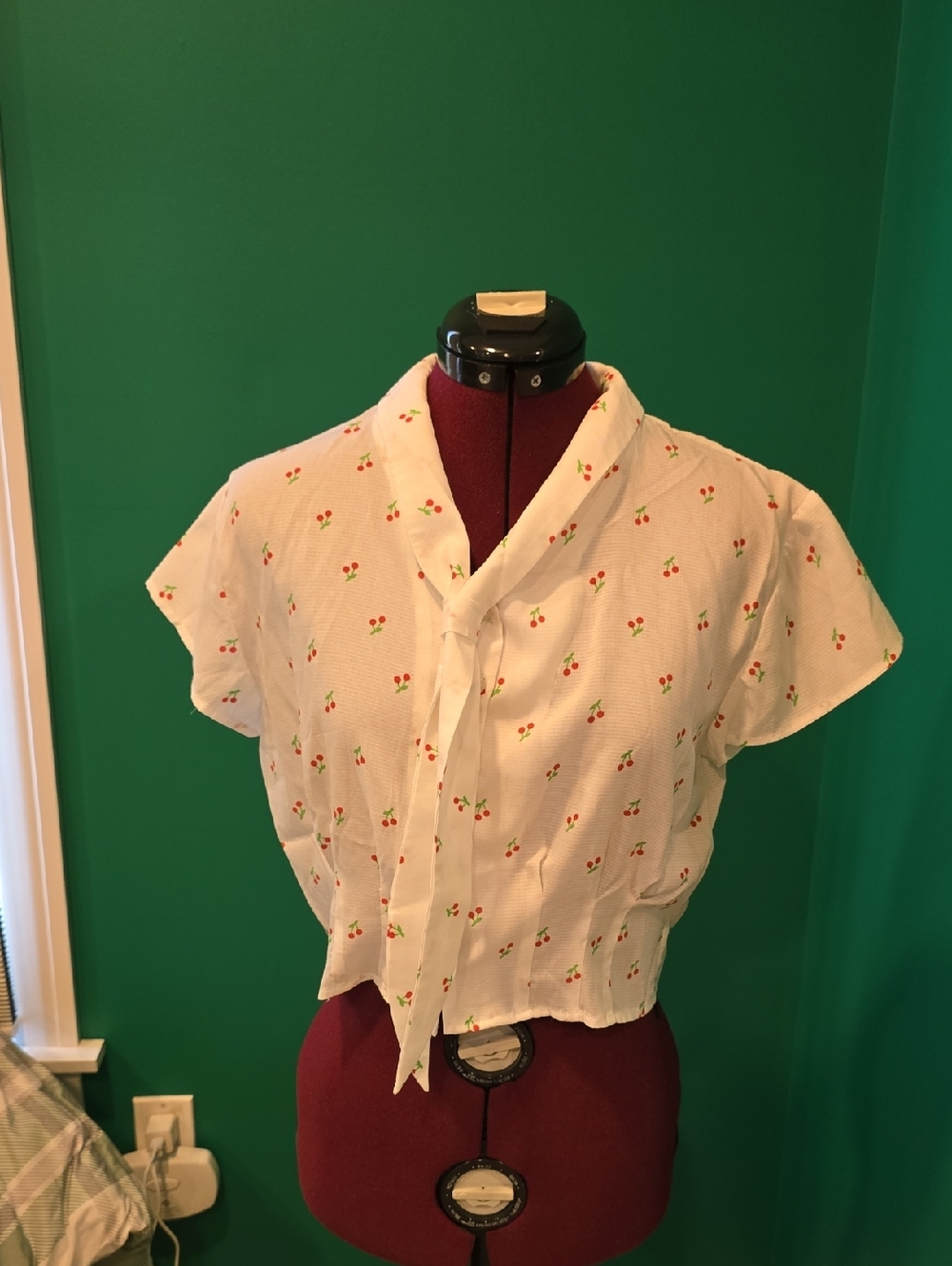 Royal Monk White Cropped Tie-Neck Blouse with Cherry Print, Size S